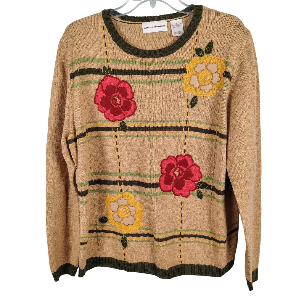 Alfred Dunner Womens L Floral Embroidered Sweater Tan Ramie Cotton Grandmacore